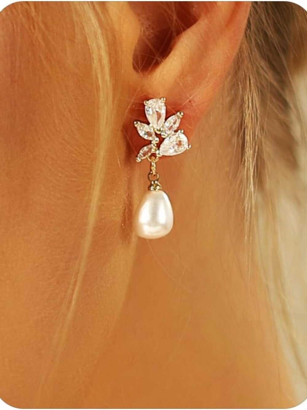 Pearl Earrings for Women-14K Gold Plated Dainty Drop Simple Wedding Dangle Dangl
